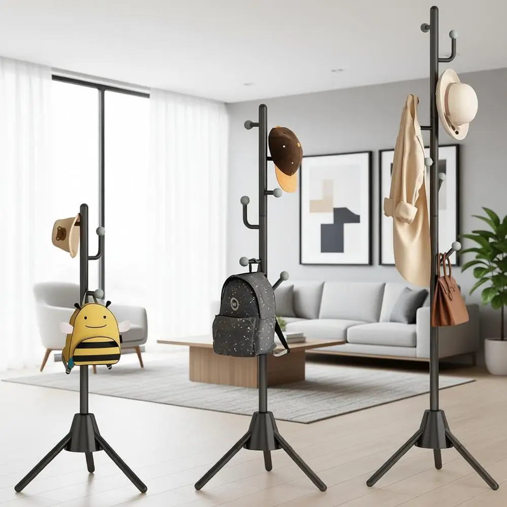 

8-Hook Metal Coat Rack with 8LB Weighted Base - Adjustable Height, Space-Saving Organizer for Entryway, Bedroom, or Office