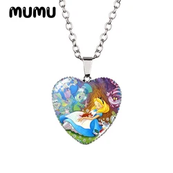 2024 New Alice in Wonderland Heart Necklace Rabbit Cheshire Cat Glass Printed Photo Pendant Handmade Jewelry Gifts Children