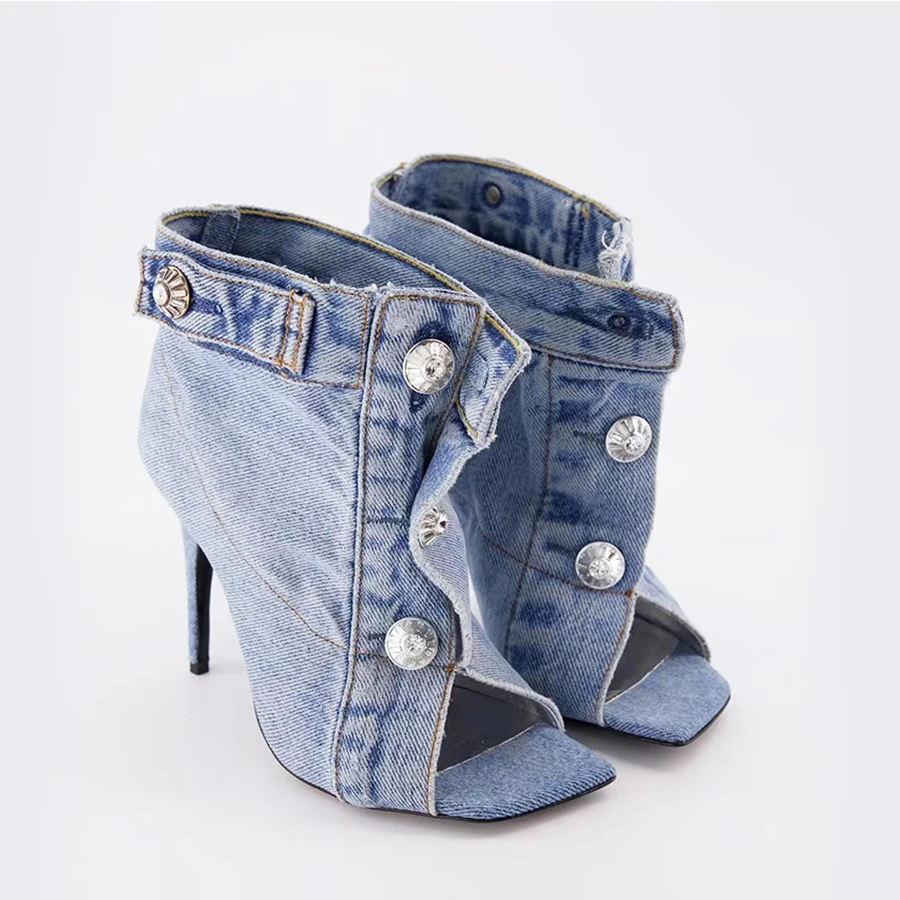 

Denim Button Ankle Boots Square Peep Toe Fashion High Heel Women's Boots Sexy Ladies Stilettos Fashion Denim Trousers Boots New