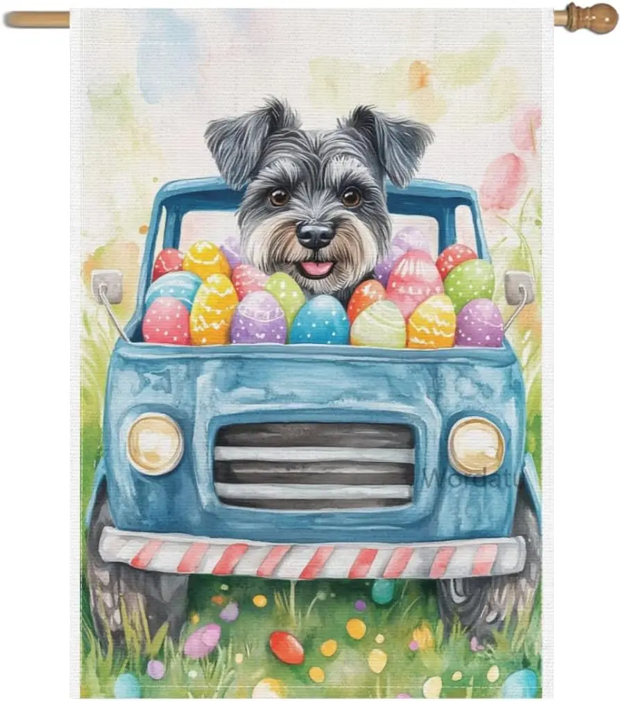 Happy Easter Schnauzer Garden Flags Easter Eggs Dog Flag 28x40 Double Sided,Burlap Holiday Welcome Spring Summer Yard for Pa PPM
