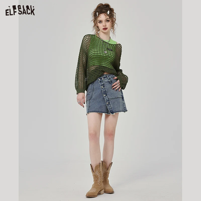 ELFSACK Two Piece Set Vest and Hollow Knitwears Women 2023 Spring Long Sleeve Loose Basic Tops