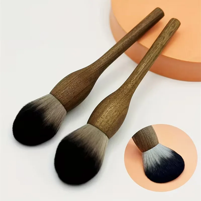 Large Fluffy Loose Powder Makeup Brushes Retro Walnut Solid Wood Handle Soft Dense Bristles Blush Setting Powder Cosmetic Brush