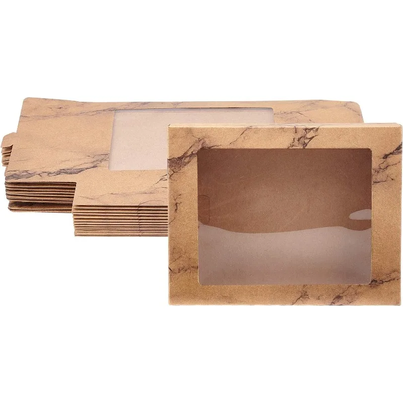 

15 Packs 6.5x5x1.3 Inches Marble Brown Kraft Paper Bakery Box with Clear PVC Window Pastry Gift Box for Candy Cookies and Other