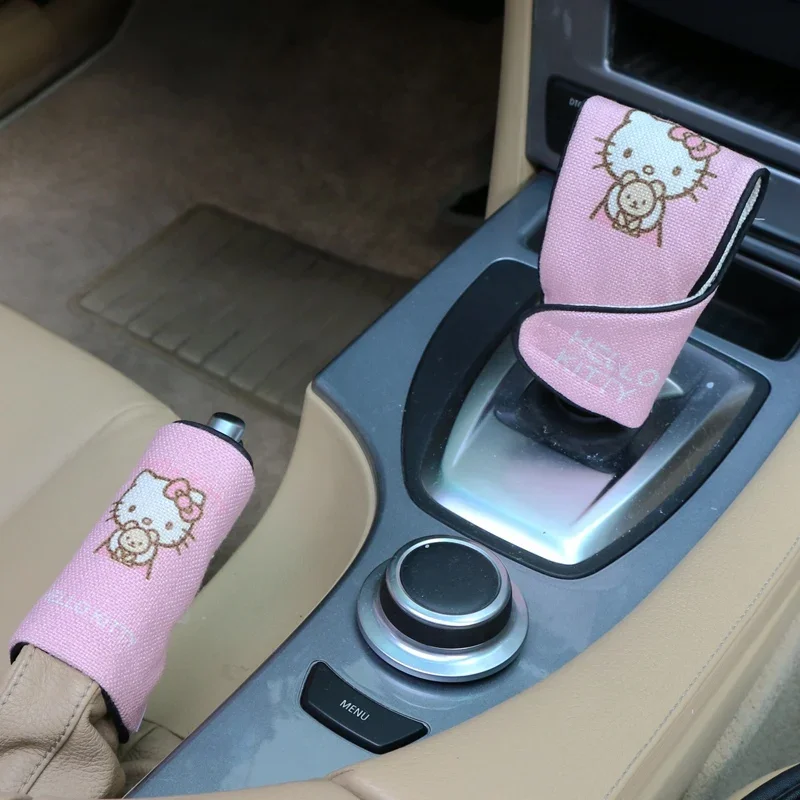 

Cartoon Kitty Car Gear Handle Cover Lovely Gear Set Linen Handbrake Cover Four Seasons Car Accessories Car Decorations