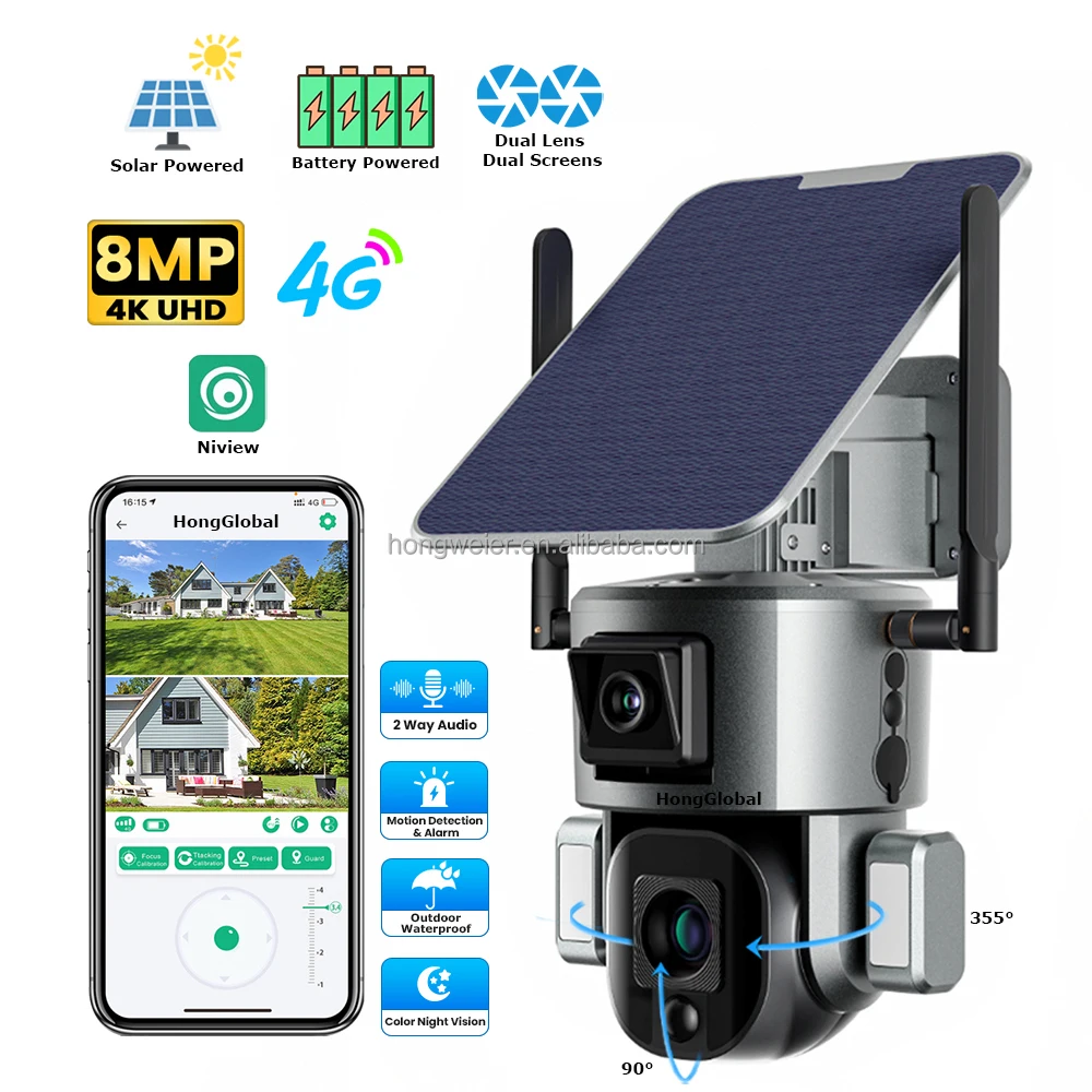 HongGlobal 8MP اللاسلكية المزدوجة عدسة الطاقة الشمسية 4G IP مراقبة كاميرا تلفزيونات الدوائر المغلقة Niview 4K الأمن 4G بطاقة Sim CCTV كاميرا خارجية تعمل بالطاقة الشمسية #2