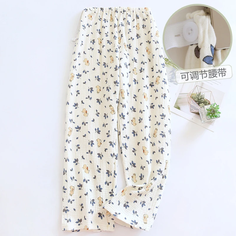

100% Cotton Double Gauze Floral Printed Pajamas Pants for Maternity Adjustable Loose Straight Sleep Wear Pregnancy Home Lounge