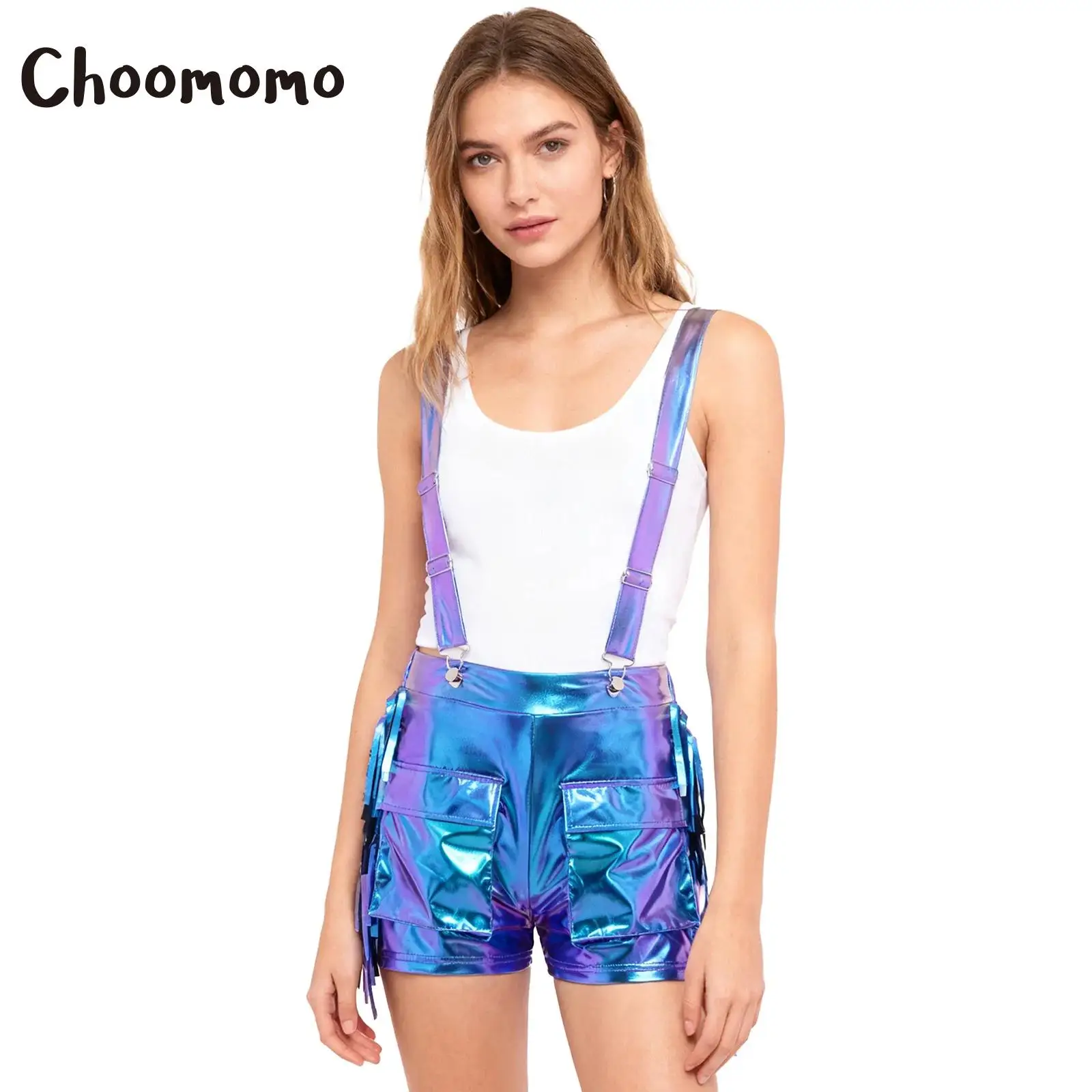 Damskie błyszczące metaliczne szorty na szelkach z regulowanymi ramiączkami, frędzlami po bokach, dwiema kieszeniami, metaliczne szorty z połyskiem, odzież rave clubwear