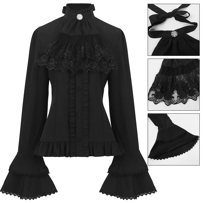 

Gothic Retro Long Sleeve Shirt Long Sleeved Lace Ruffled Bow Neckline Lolita White Shirt Top Victorian Button Top Office Shirt