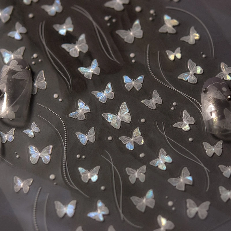 Mother of Pearl Butterfly Nail Stickers Self Adhesive Iridescent Shell Glow 3D White Butterfly Design for DIY Manicure Gift