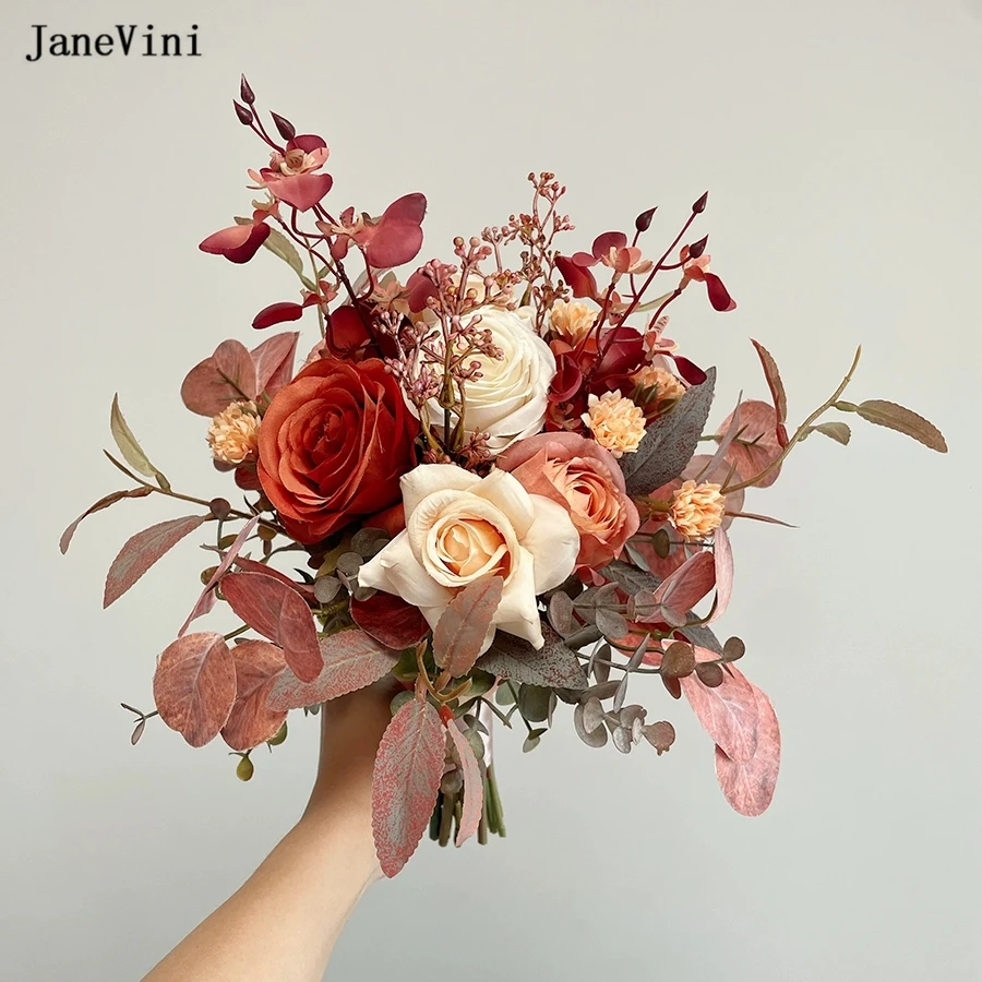 

JaneVini Vintage European Caramel Silk Flowers Bridal Hand Bouquets Artificial Eucalyptus Wedding Bouquet Accessories for Bride