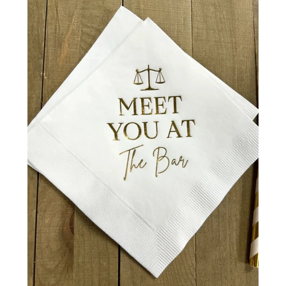 50Pcs  Personalized Law School Lawyer Attorney Graduation Meet You At The Bar Printed Beverage Cocktail Napkins White w/ Metalli