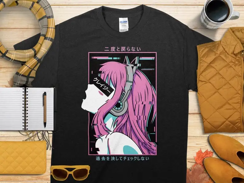 

Эстетическая футболка Vaporwave Crazy Waifu для девочек в стиле аниме, мягкий наряд в острым стиле в стиле гранж, крутая мода, рубашка для мальчиков Sad Otaku