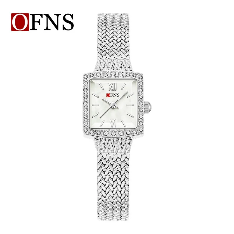 2026 Fashion Ofns Women's Diamond Inlaid Steel Band Wheat Light Luxury Quartz Watch, Roman Numeral Square Waterproof Wristwatch