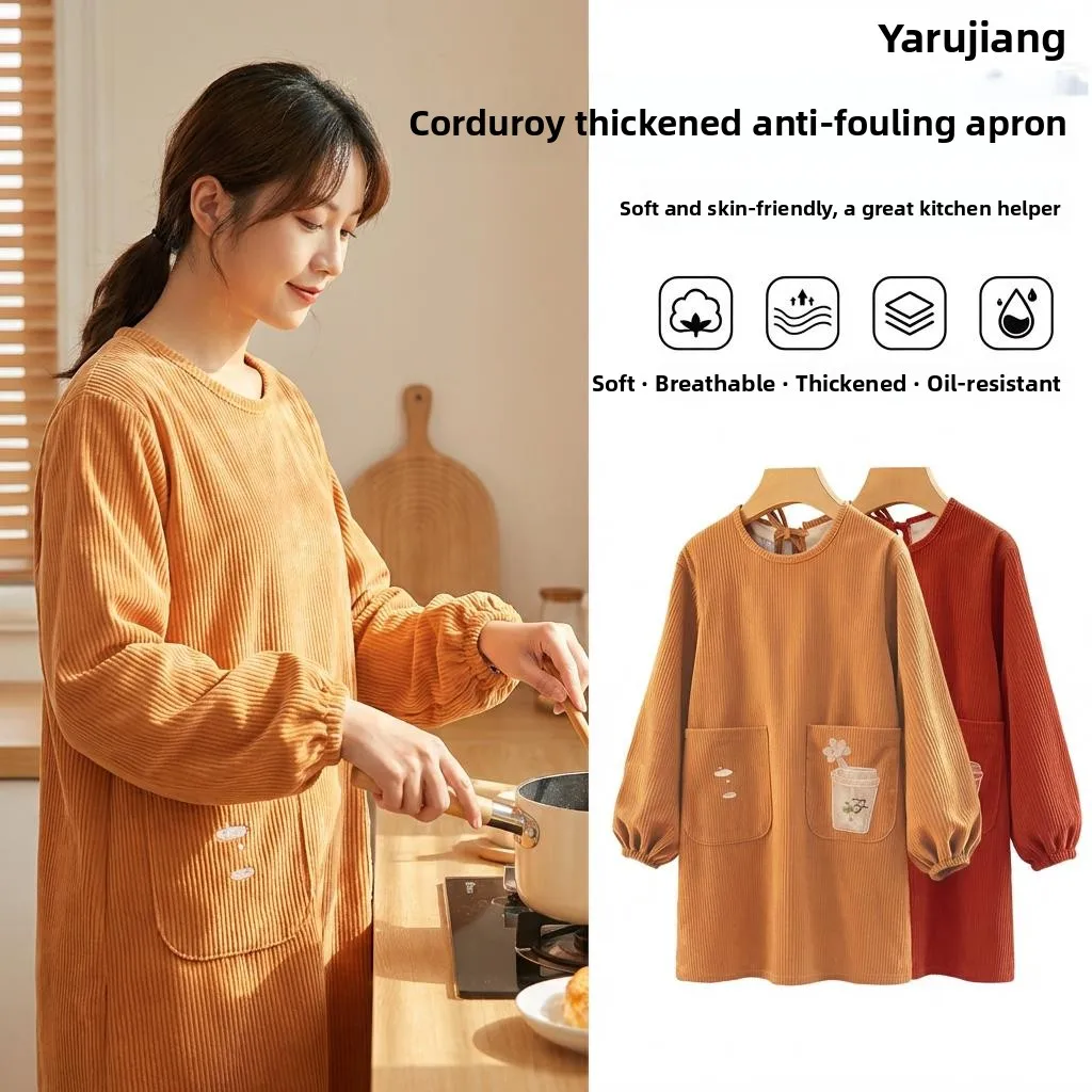 

Fashionable Fleece Young Style Long Sleeve Apron Waterproof Oil Resistant Kitchen Use Home Cleaning Tool One Size Fits All