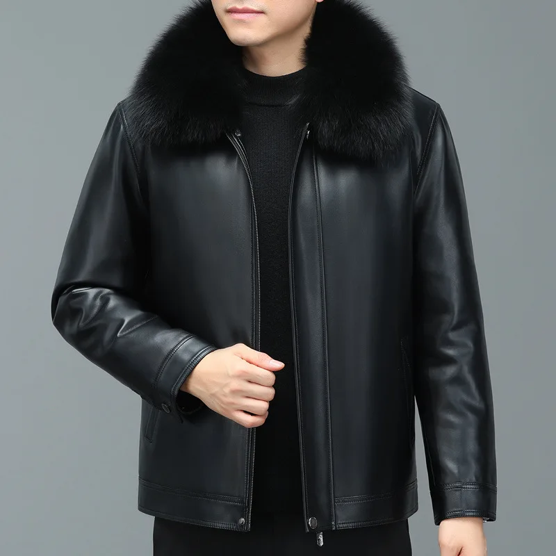 

Haining Men's Genuine Leather down Jacket Loose plus Size Thick Short Outerwear with Detachable Liner