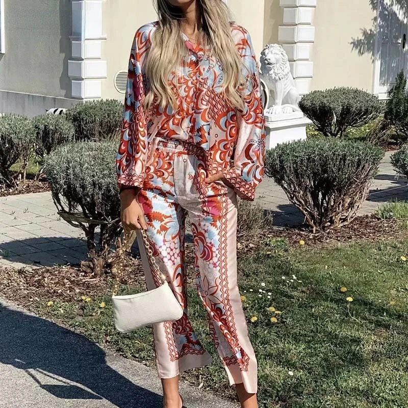 TRAF  Woman Print Shirt Suit 2023 Spring Fashion Elegant Ladies Pants Set Lady Vinatge Beach Suits Two Pieces Sets