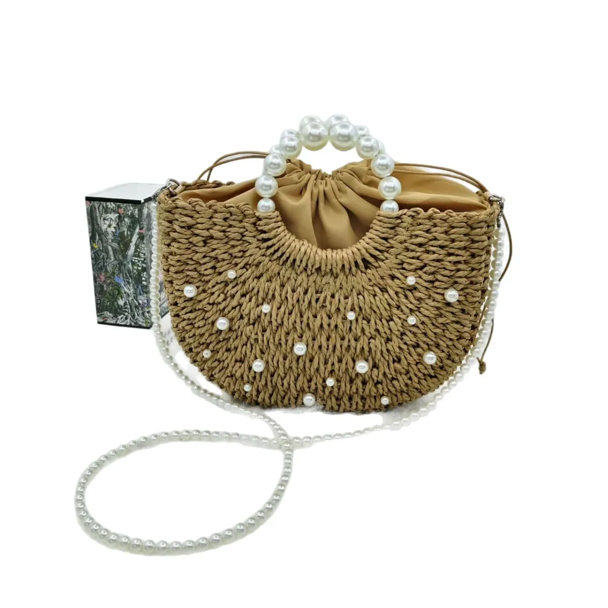 

Large Capacity Pearl Handbag Bag Straw Woven Hollow Simple Tote Bag Semi-round Messenger Bag Beaded Niche Design