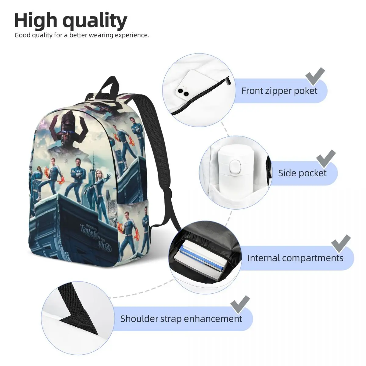 Fantastico zaino Cool Four Team Up, leggero, per lavori scolastici, fumetti, cartoni animati, per uomo e donna, borsa a tracolla per college