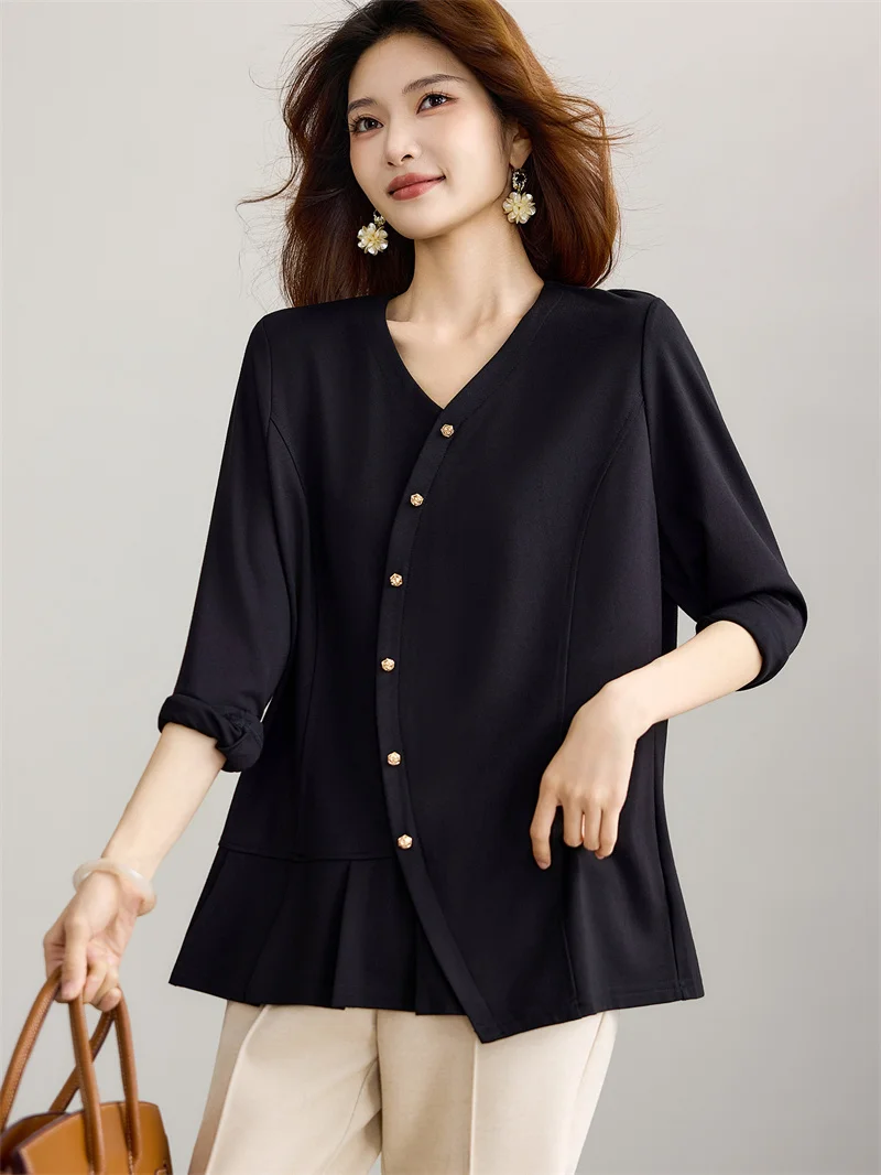 Women Elegant Pleated Black Long Sleeve T-Shirt 2026 New Fall V-Neck Top Plus Size Basic Blouse