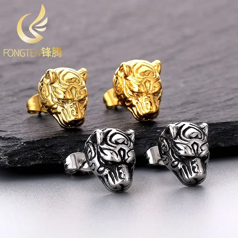 Fongten Fashion Niche Design Stainless Steel Men's Earrings Cute Tiger Pattern Ear Stud Elegant French Jewelry Waterproof