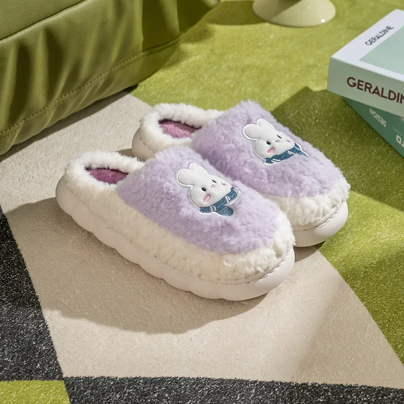 Chaussons en coton à fond épais pour hommes et femmes, peluche chaude, intérieur, maison, mignon