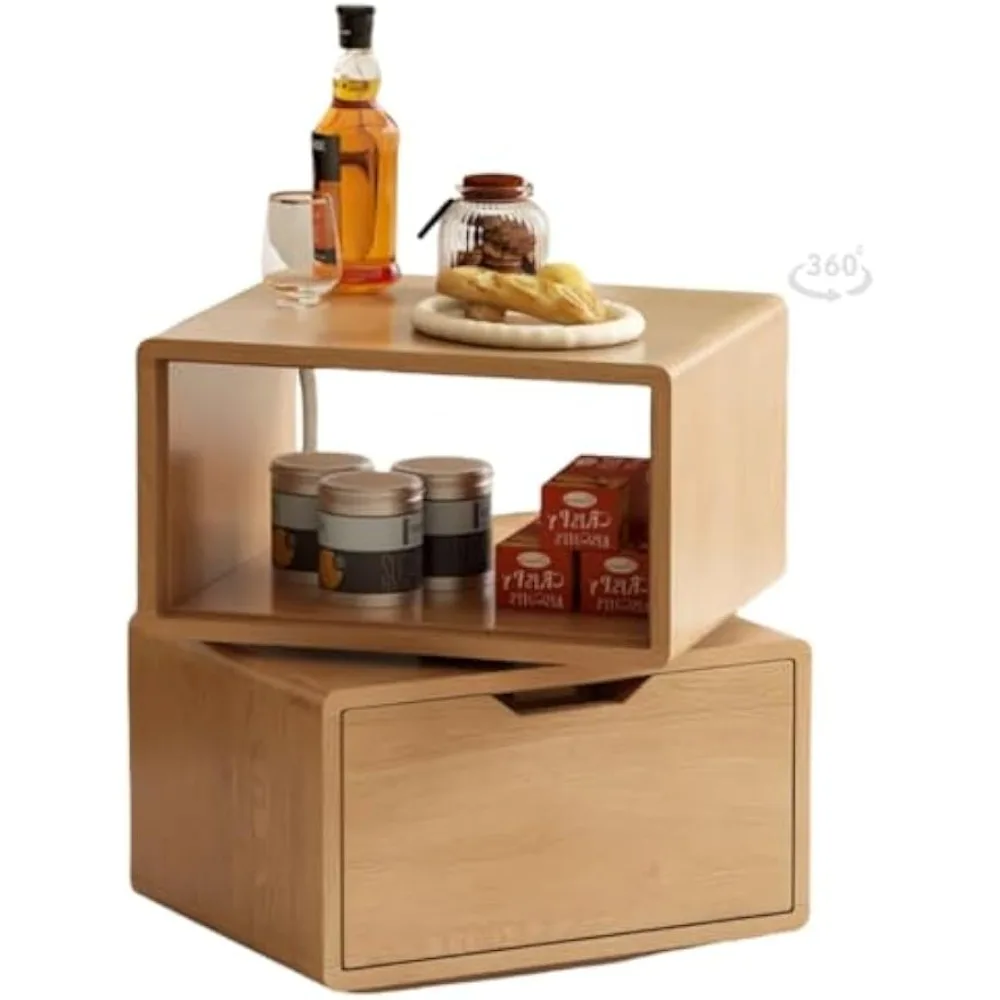 

360° Rotatable Solid Wood Nightstand with Open Shelf, Natural Wood Nightstand with Drawer, Small End Table for Small Spaces