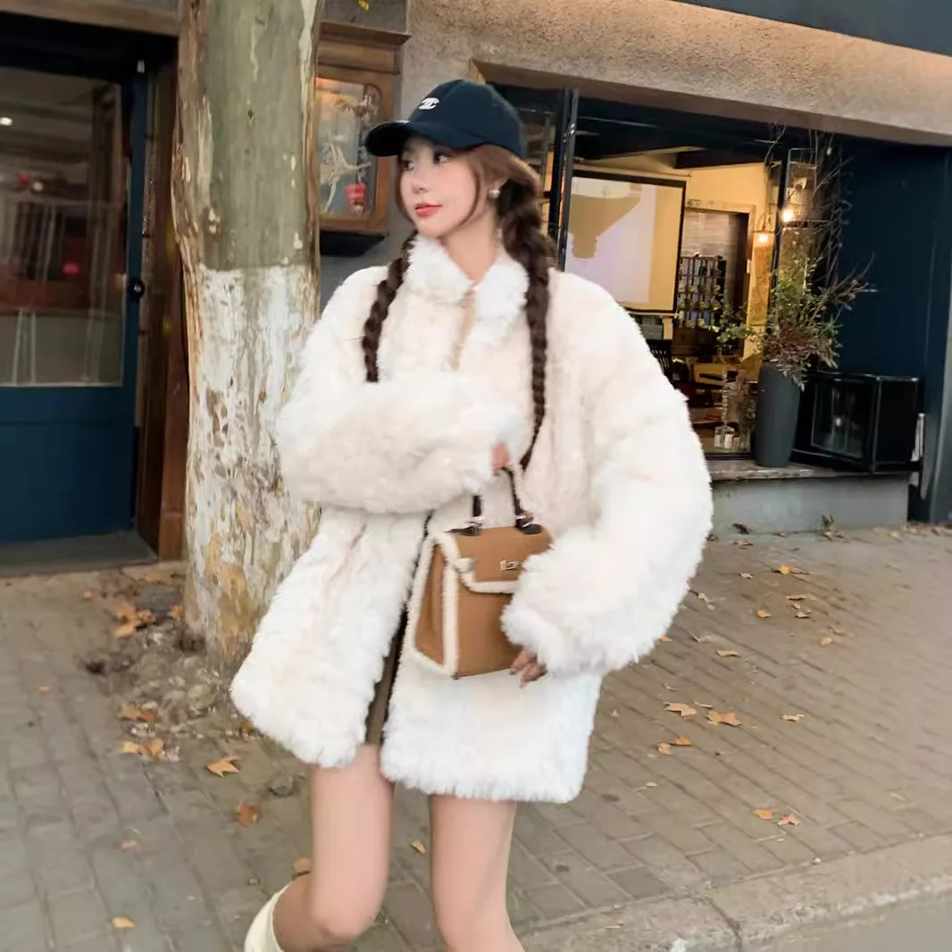 Y2k Streetwear elegante tuta sportiva a punto aperto autunno inverno pelliccia sintetica cappotti da donna colletto alla coreana manica lunga cappotto di media lunghezza spesso