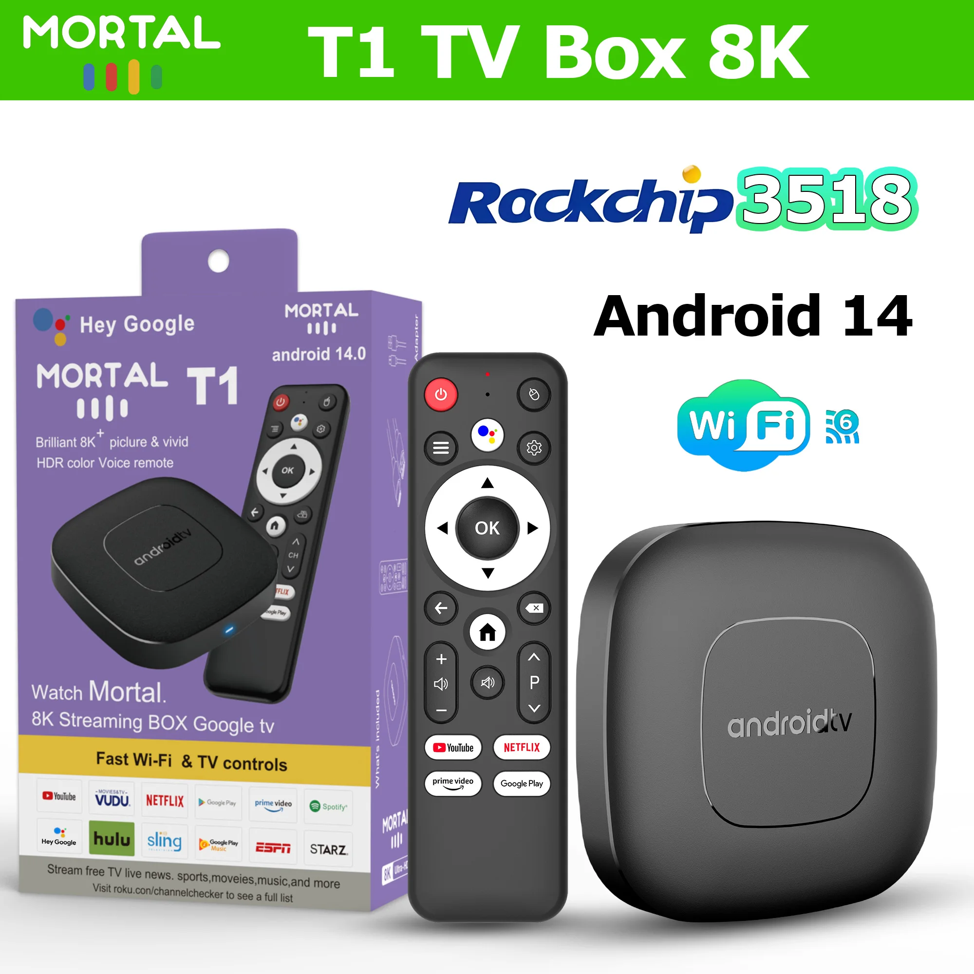 Mortal T1 Android 14 Smart Tv Box 8K Google Chromecast Voice 2G 16G Ram HDR10 Video WIFI 6 RK3518 BT5 Media Player Set Top Box