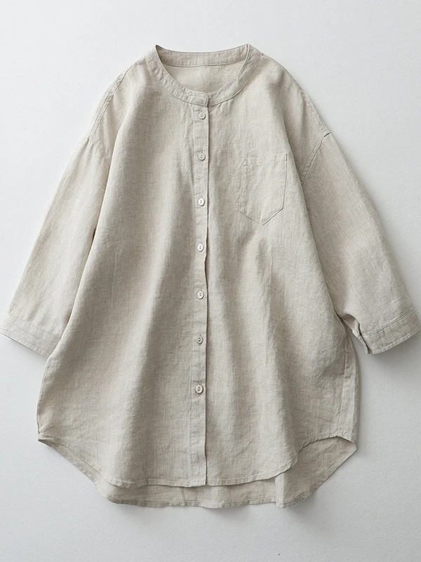 Csa de Lino y Aodón Hoada para Mujer, Protección Solar de Verano, Media Manga, Cuello Redondo, Color Puro, Estilo Casu...