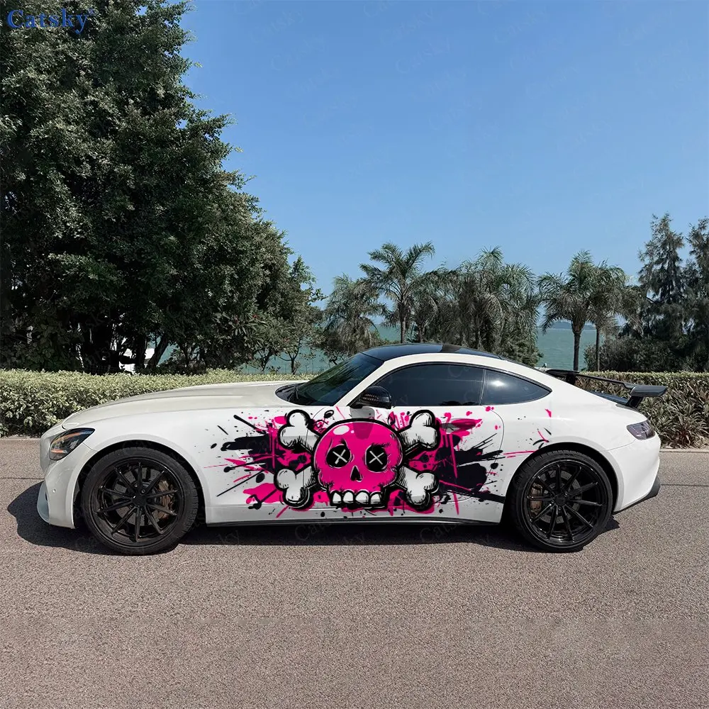 2pcs Black Pink Skeleton, Durable, Fade-resistant, Enhance Vehicle Aesthetics With Bold Artistic Design Car Vinyl Wraps