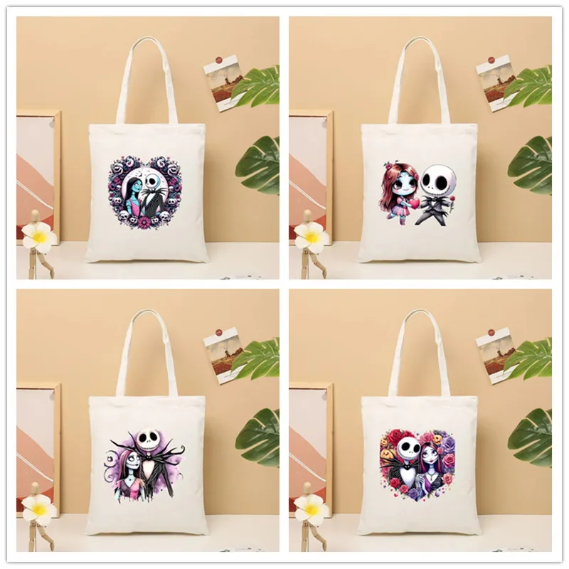 The Nightmare Before Christmas Jack Sally Women Shoulder Tote Bags Canvas Large Capacity Shopping Bag Eco Girl  Female Handbag