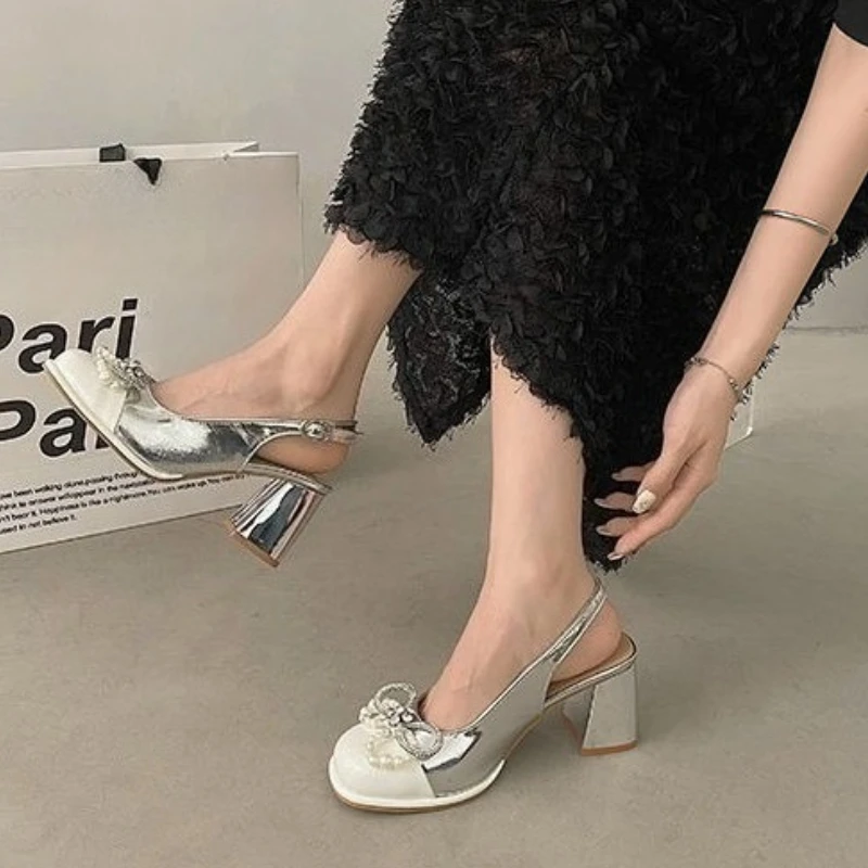 Women Sandals 2025 Summer Ethereal Forest Style Silver Rhinestone Bow Elegant Hot Selling Versatile Mary Jane High Heels