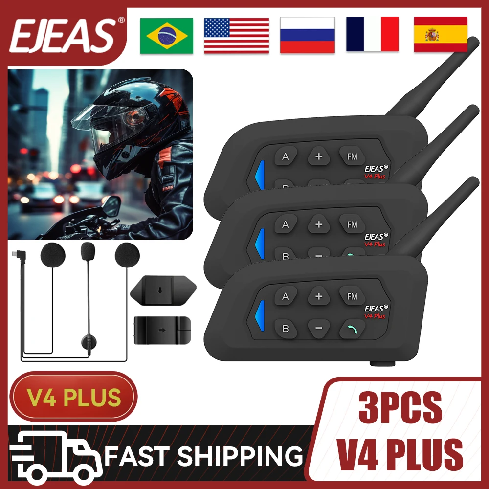 3PCS EJEAS V4 Plus Motorcycle Helmet Bluetooth Intercom Headset 4 Riders Full Duplex Walkie Talkie Communicator Waterproof IP65