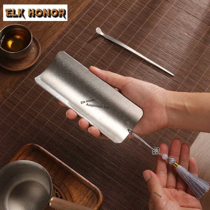 ZAEYORIA Handamde Pure Titanium Tea Scoop Antique Tea Leaf Holder Tassels Chahe Shovel Household Awakening Tea Ladle Tea Items