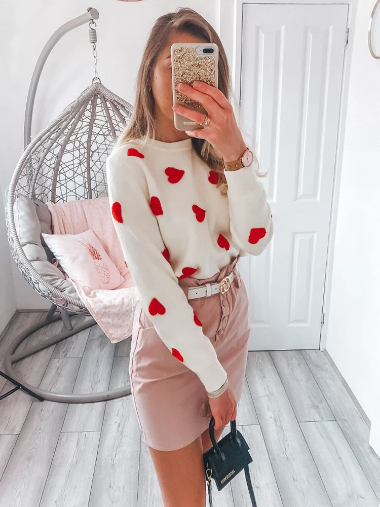 Women Embroidery Love Heart Strawberry Knitted Sweaters Vintage Y2K Casual Sweet O Ne Pullovers Winter Warm Sweater Tops C-129