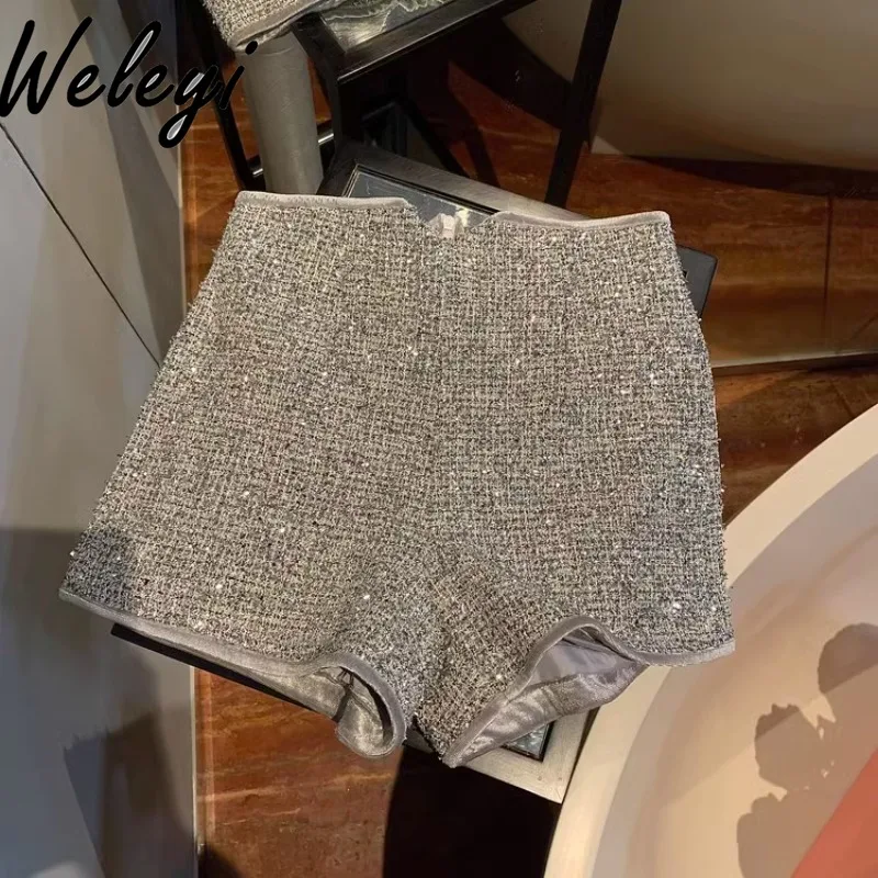 Hot Girl Blingbling Bright Silk Suit Shorts for Women 2025 Summer Casual Women's High Waist Slimming Wide Leg Hot Pants Feminino