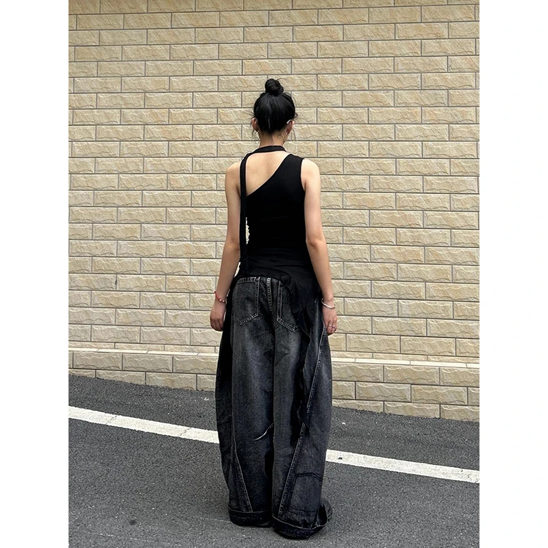 ZHIZOU Damen Tomboy Dark Academia Baggy Low Rise Mom Jean Japanische Y2K Harajuku Denim Hose mit weitem Bein 2000er Cyber Punk Grunge