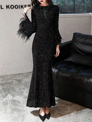 Customized Black Simple Elegant Temperament Sequined Flare Sleeve Weding Party Dresses Slim Waist Trumpet Prom Dress Feather Eve