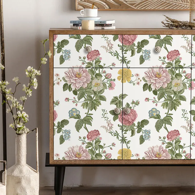 Peony Vinyl Wallpaper Peel and Stick Blooming Floral Contact Paper Chic Waterproof Furniture Cabinet Sticker