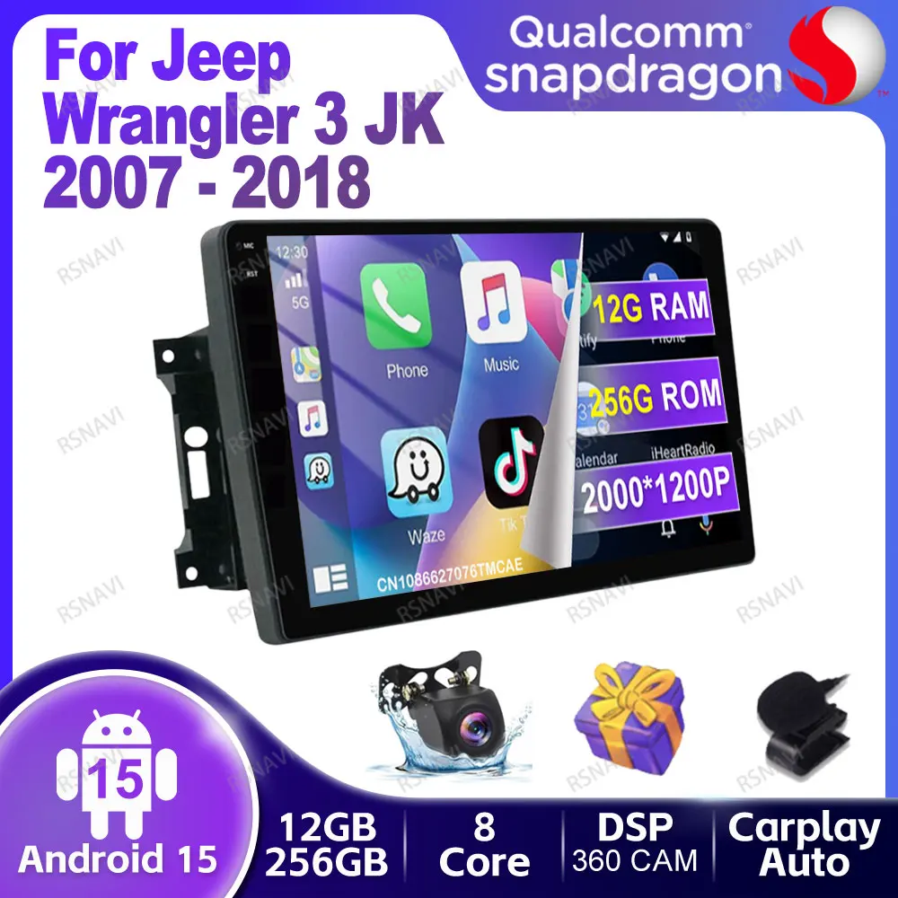 

Автомобильный радиоприемник Android 15 для Jeep Wrangler 3 JK 2007-2018 4G LTE Авторадио Головное устройство DSP Мультимедиа 5G WIFI GPS Qualcomm Стерео BT