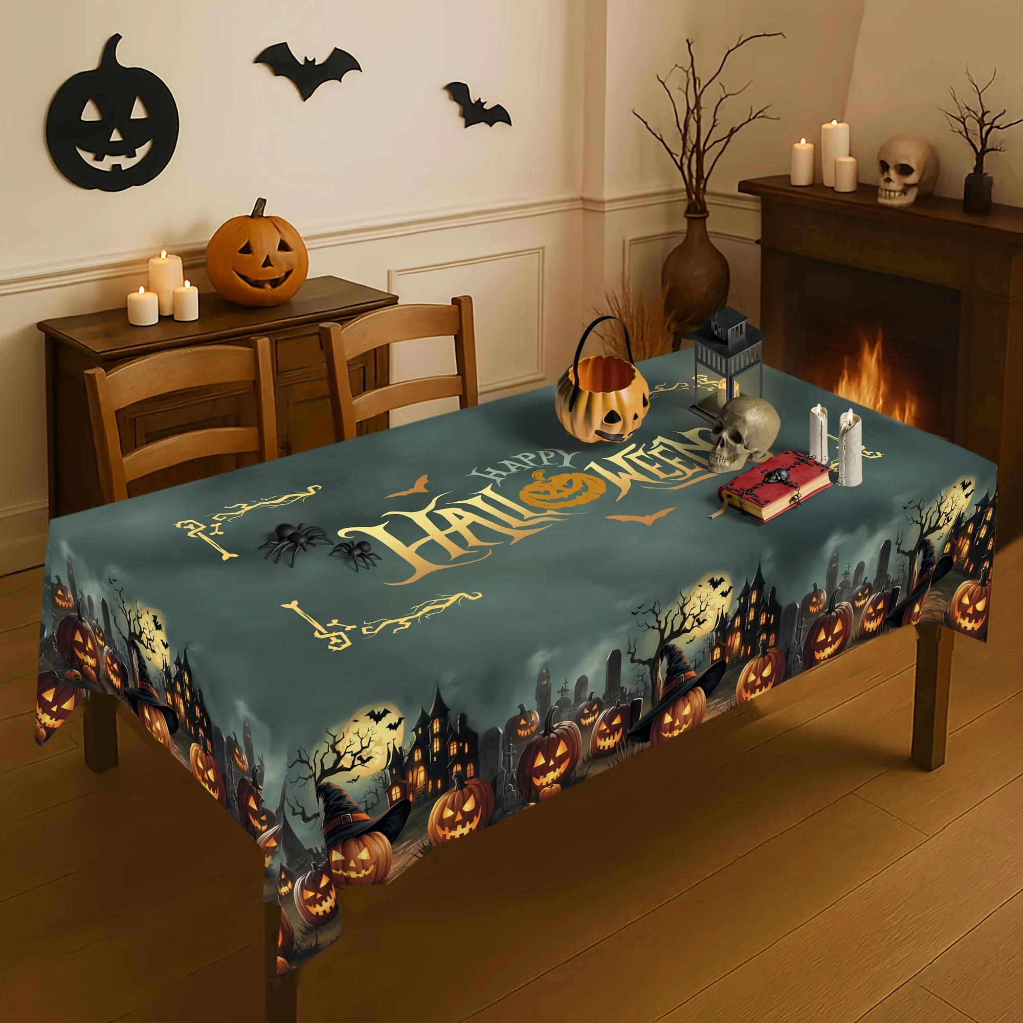 1 piece of Halloween tablecloth - Gothic pumpkin castle tombstone, bats, Jack-o'-lantern - dark green backgroundzyc