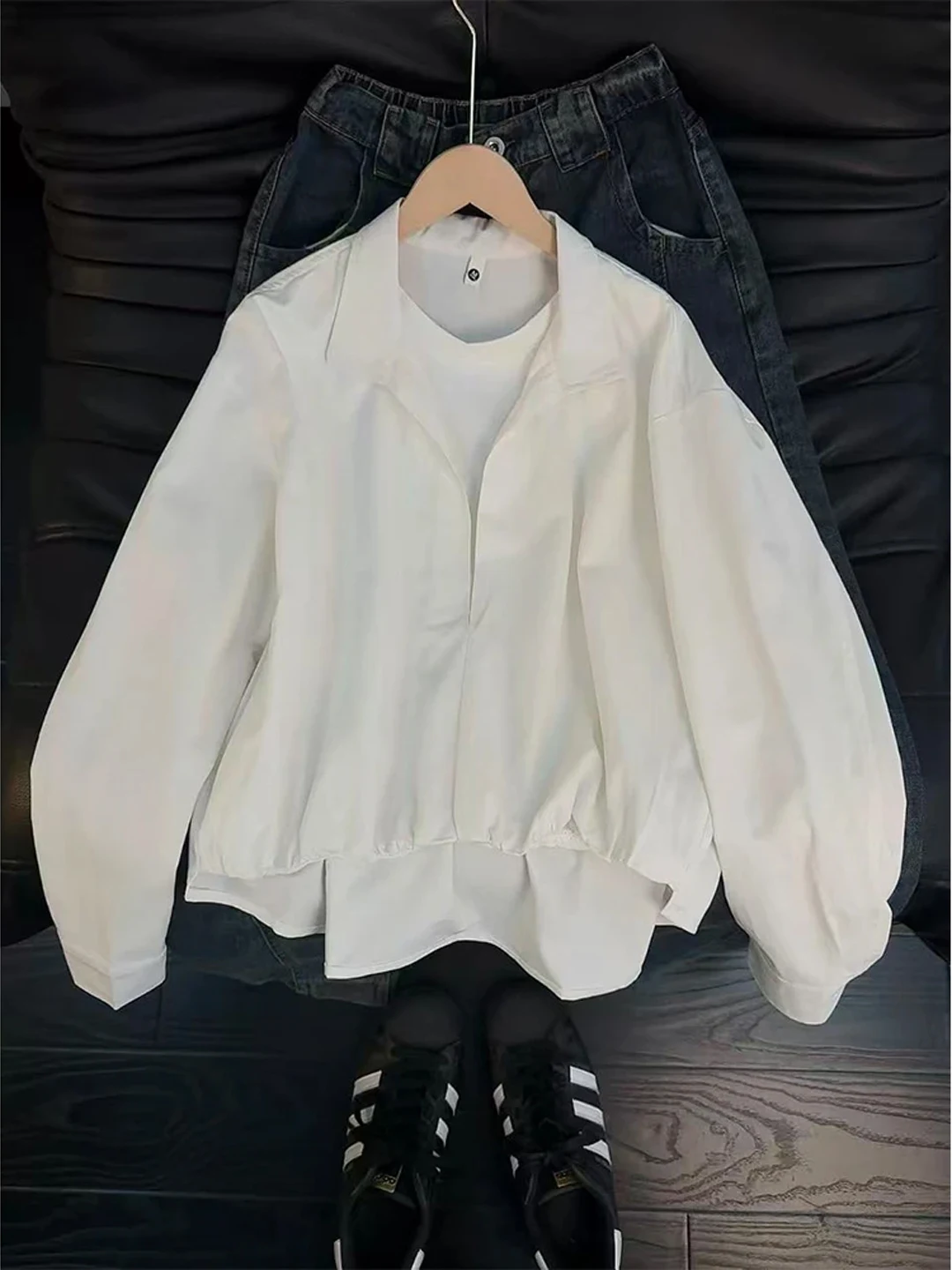 

White American Sle irt Design Vintage Men's Spring Overhead Sle Korean System Casual ape Loose Fit Casual Top