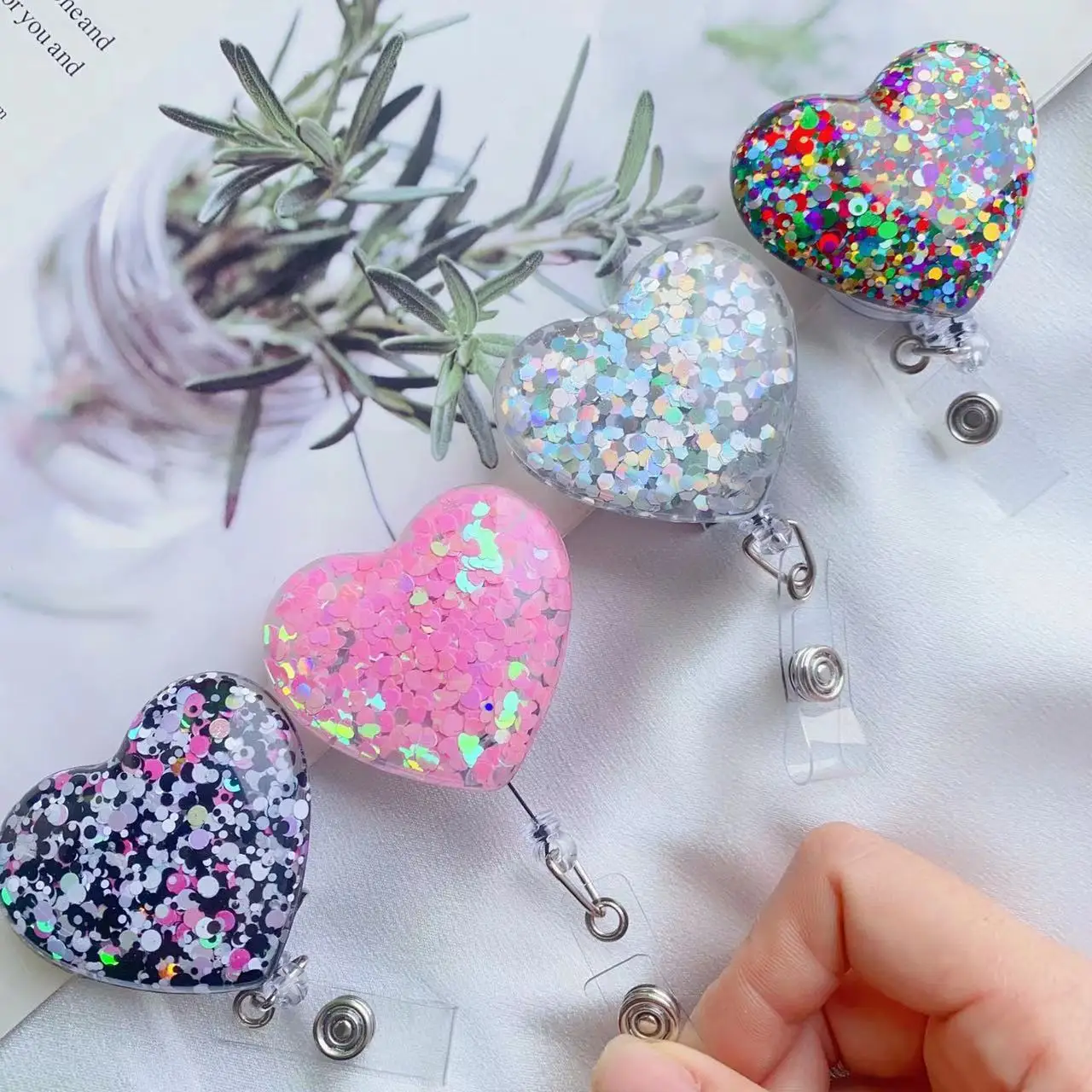 Shine Heart Retractable Badge Reel Lanyards ID Name Card Badge Holder Nurse Student Employee Card Alligator Clip Office Supplies