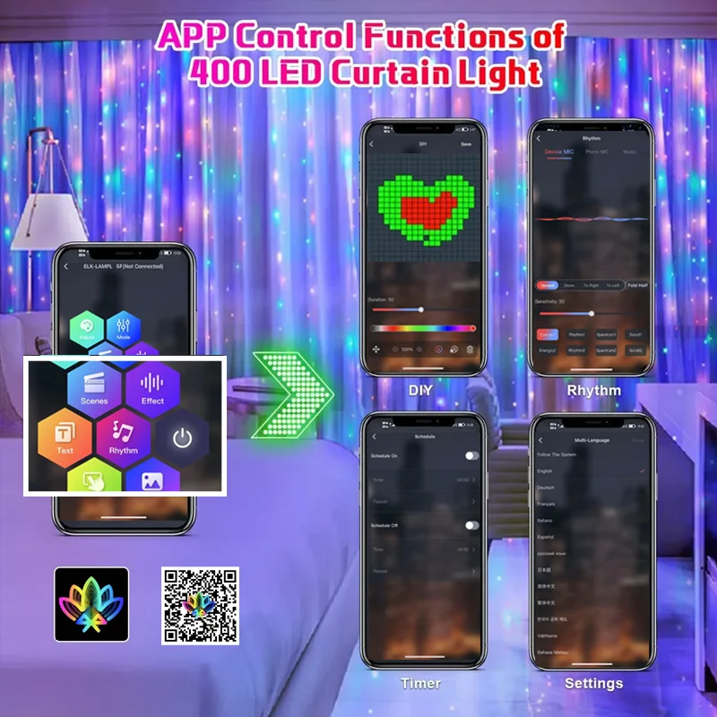 400LEDs RGB Curtain Led Music Lights App DIY Display Smart RGB String Light Bluetooth Control Curtain String Lights Room Decor