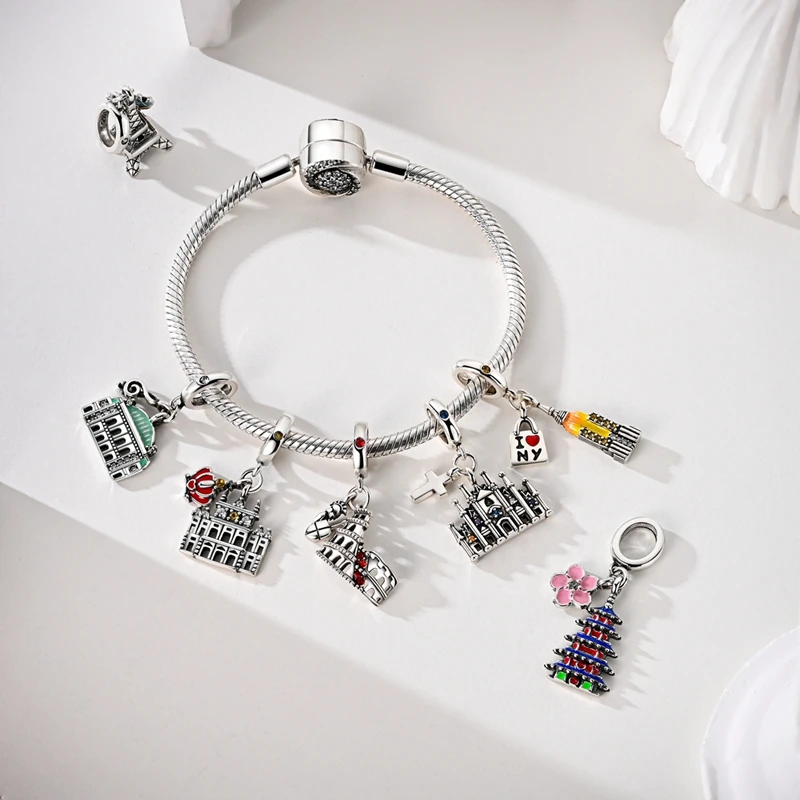 الأصلي 925 فضة سحر الخرز باريس ايفل القلعة الكنيسة قلادة صالح سوار الإسورة قلادة المرأة DIY بها بنفسك مجوهرات هدية