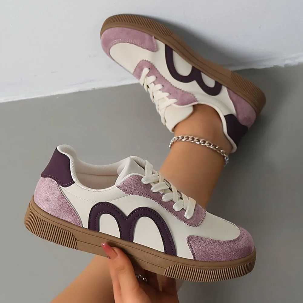 Women Spring Autumn Retro Colorblock Faux Nubuck Sneakers Lace Up Gum Rubber Sole Comfort Flat Casual Outdoor Walking Shoes