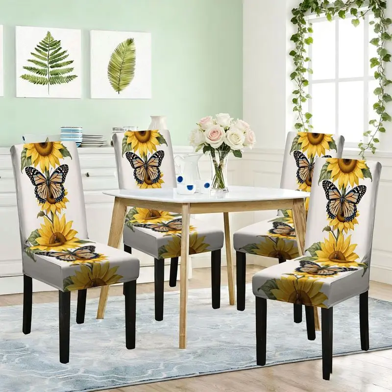 

Чехол для обеденного стула с плоским принтом и эластичной резинкой, с изображением трех подсолнухов и зеленых листьев с узором бабочек, съемный и моющийся.