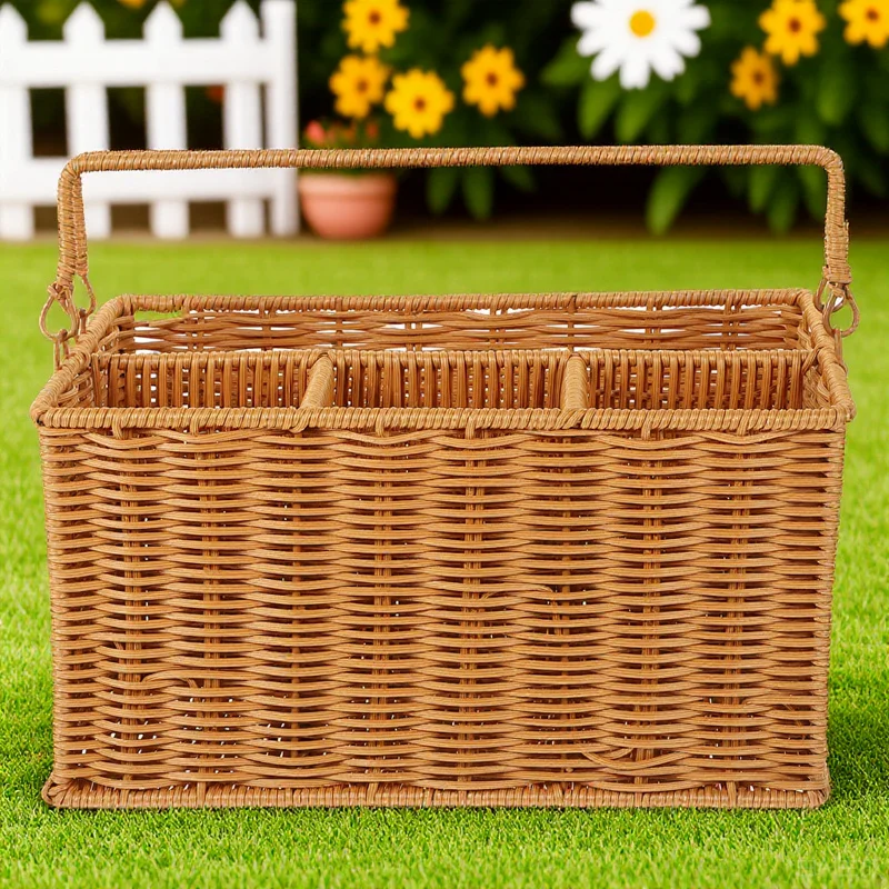 

Imitation Rattan Basket Kitchen Utensil Holder Rustic Cutlery Organizer Large Storage Basket for Flatware Silverware Countertop