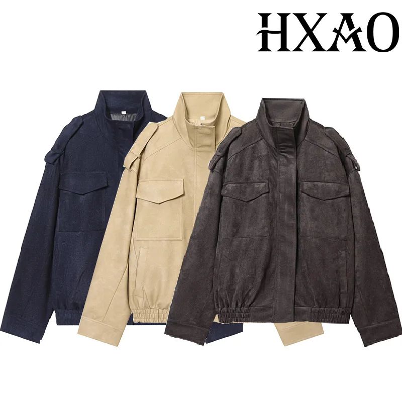 HXAO Faux Leather Suede Jacket Long Sleeve Women's Cropped Bomber Jackets For Woman Street Cozy New In Outerwears Plus Size Coat