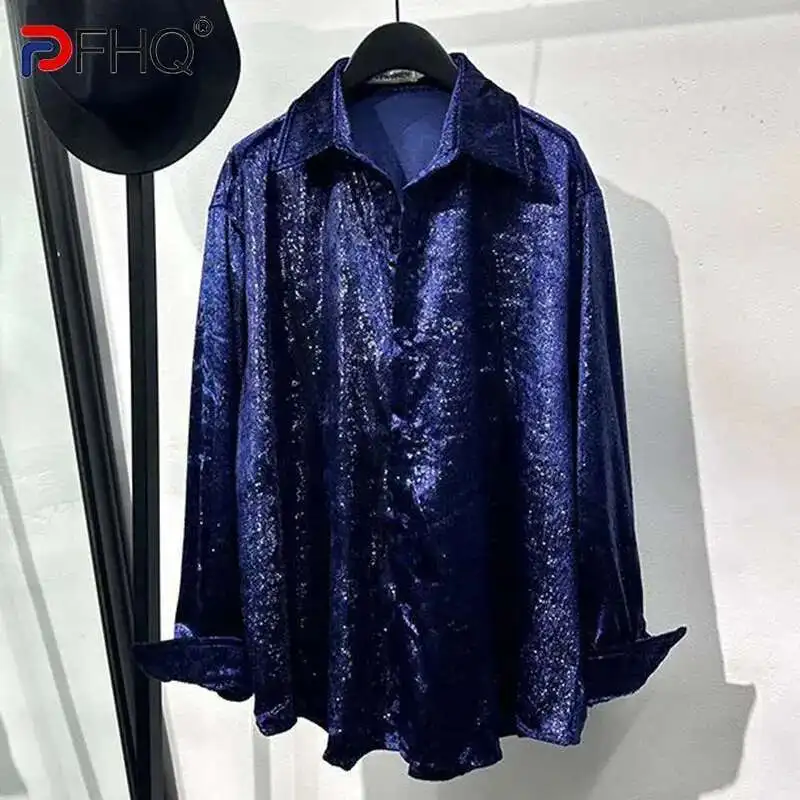 PFHQ قميص رجالي معدني عصري متخصص ترتر 2025 بياقة مقلوبة صدر واحد بلون واحد ملابس علوية للرجال 21E1731 #1